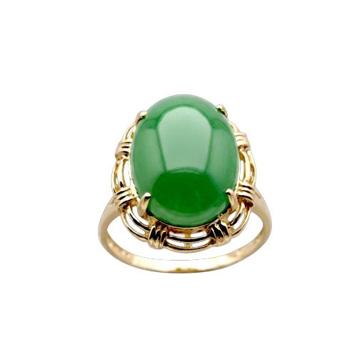 14KT Yellow Gold Cut-In Rope Design with Oval Shaped Green Jade Ring
