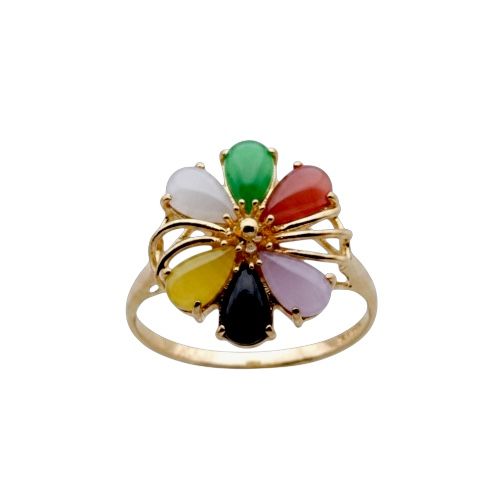 14KT Yellow Gold Fancy Six-Petal Plumeria with Mixed Color Jade Ring