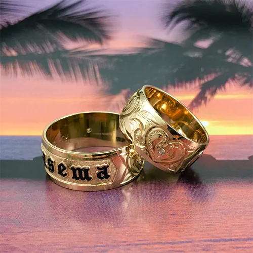 14K Yellow Gold Custom Hawaiian Ring with Diamond Heart